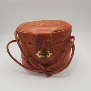 Vintage hand-tooled leather pillbox or drum style handbag Made in Mexico 1950s